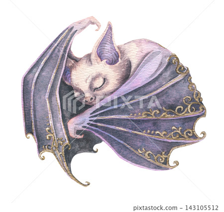 Cute sleeping bat illustration. Watercolor hand drawn purple animal with golden magic decor in gothic halloween style. Cartoon design for party invitation card. Fantasy artwork for witch decoration. Cute sleeping bat illustration. Watercolor hand drawn purple animal with golden magic decor in gothic halloween style. Cartoon design for party invitation card. Fantasy artwork for witch decoration. 143105512