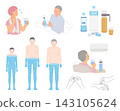 A set of illustrations on hydration for seniors to prevent dehydration and heatstroke. 143105624