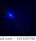dynamic abstract space energy burst background vibrant glowing blue central hub with colorful wavy lines radiating across dark starry galaxy expanse forming cosmic particle explosion motion 143105790