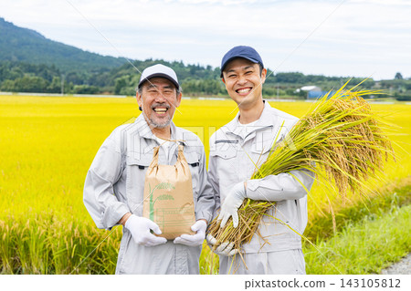 A senior man and his son harvesting rice A senior man and his son harvesting rice 143105812
