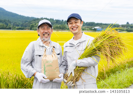 A senior man and his son harvesting rice A senior man and his son harvesting rice 143105813