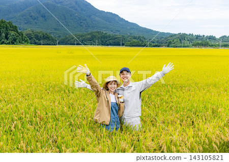 A portrait of a couple harvesting rice amidst the rice fields. A portrait of a couple harvesting rice amidst the rice fields. 143105821