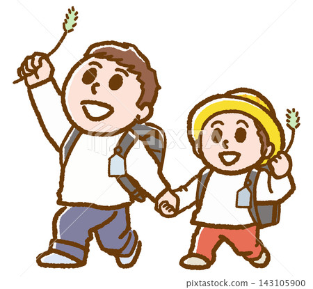 Two elementary school boys with backpacks on their backs, heading to school. Two elementary school boys with backpacks on their backs, heading to school. 143105900
