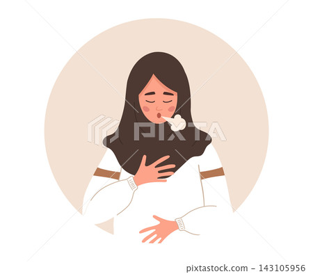 Deep breath. Arab girl in hijab doing breathing exercise. Healthy yoga practice. Oxygen flow and concentration. Vector illustration in flat style Deep breath. Arab girl in hijab doing breathing exercise. Healthy yoga practice. Oxygen flow and concentration. Vector illustration in flat style 143105956