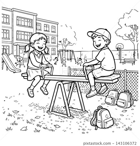 Boys and Girls Playing on Seesaw in School Playground Boys and Girls Playing on Seesaw in School Playground 143106372
