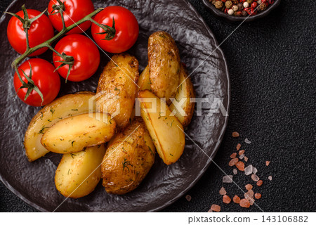 Fried potato wedges seasoned with salt and spices, ready for dinner table. Fried potato wedges Fried potato wedges seasoned with salt and spices, ready for dinner table. Fried potato wedges 143106882