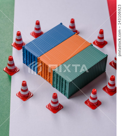 The cargo container ban on the Italian flag as a conceptual backdrop. Cargo container embargo 143106923
