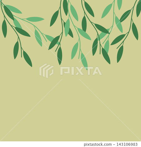 Minimalist botanical square wall art and background with fresh green leafy branches on a pale olive yellow backdrop Minimalist botanical square wall art and background with fresh green leafy branches on a pale olive yellow backdrop 143106983