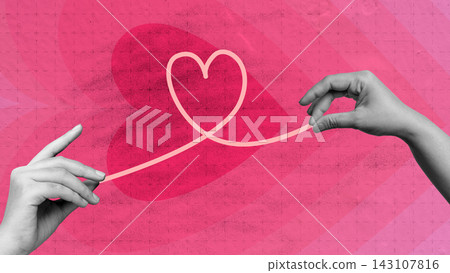 Two hands holding a pink string shaped like a heart against a pink background, symbolizing love, connection, and relationship. Love or romantic background Two hands holding a pink string shaped like a heart against a pink background, symbolizing love, connection, and relationship. Love or romantic background 143107816