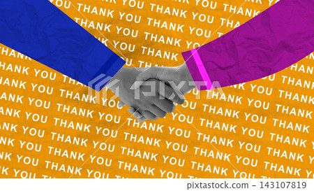 Handshake against a bright orange textured background with repeating thank you text, flanked by blue and purple sleeves, symbolizing gratitude, partnership, and appreciation. Thank You Message Handshake against a bright orange textured background with repeating thank you text, flanked by blue and purple sleeves, symbolizing gratitude, partnership, and appreciation. Thank You Message 143107819