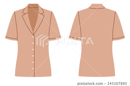 Beige fitted short sleeve shirt with collar neckline and button closure. Technical fashion illustration in flat color, front and back views, clean silhouette, modern apparel design. 143107893