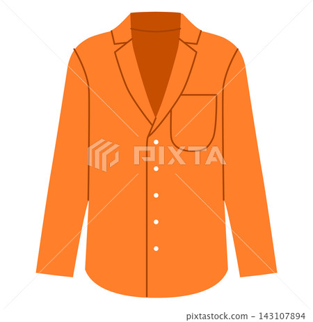 Orange long sleeve shirt with collar neckline, button closure and chest pocket detail. Technical fashion illustration front view in flat color, clean silhouette, modern clothing template. Orange long sleeve shirt with collar neckline, button closure and chest pocket detail. Technical fashion illustration front view in flat color, clean silhouette, modern clothing template. 143107894
