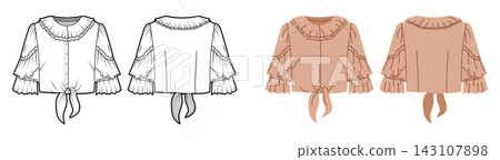 Ruffle blouse with layered sleeves and tie front detail. Technical fashion illustration in black and white and color, front and back views, clean outline, decorative silhouette, modern apparel CAD Ruffle blouse with layered sleeves and tie front detail. Technical fashion illustration in black and white and color, front and back views, clean outline, decorative silhouette, modern apparel CAD 143107898