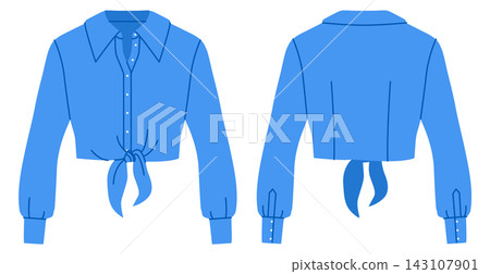 Blue cropped shirt with collar, button placket and tie front detail. Technical fashion illustration in flat color, front Blue cropped shirt with collar, button placket and tie front detail. Technical fashion illustration in flat color, front 143107901