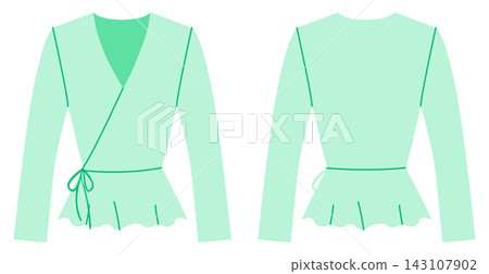Mint wrap blouse with long sleeves, tie waist closure and peplum hem. Technical fashion illustration in flat color, front and back views, clean silhouette, modern apparel design. Mint wrap blouse with long sleeves, tie waist closure and peplum hem. Technical fashion illustration in flat color, front and back views, clean silhouette, modern apparel design. 143107902