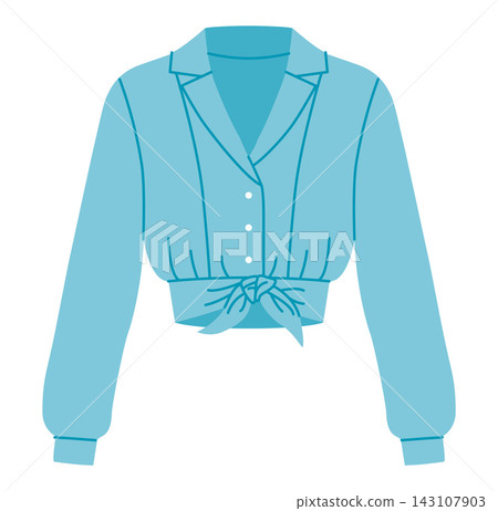 Blue cropped shirt with collar neckline and tie detail at hem. Technical fashion illustration front view in flat color 143107903