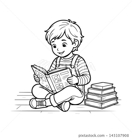 Child Reading a Book on the Floor 143107908