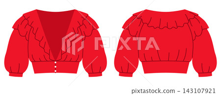 Cropped V-neck ruffle blouse with long puff sleeves and fitted waist. Flat color technical fashion illustration showing Cropped V-neck ruffle blouse with long puff sleeves and fitted waist. Flat color technical fashion illustration showing 143107921