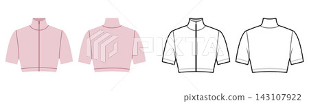 Cropped high neck top with short sleeves and center zipper closure. Technical fashion illustration in black and white Cropped high neck top with short sleeves and center zipper closure. Technical fashion illustration in black and white 143107922