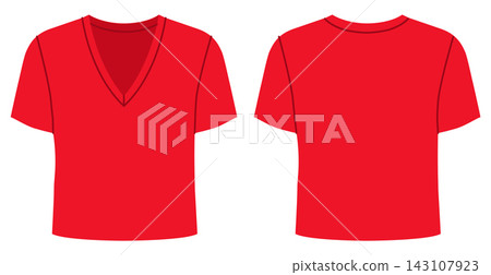 Red V neck top with short sleeves and classic fit. Technical fashion illustration in flat color, front and back views, Red V neck top with short sleeves and classic fit. Technical fashion illustration in flat color, front and back views, 143107923
