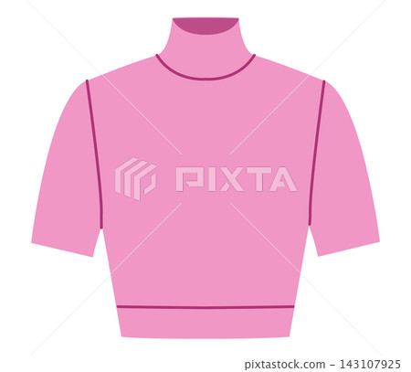 Pink cropped high neck top with short sleeves and fitted waist. Technical fashion illustration front view in flat color Pink cropped high neck top with short sleeves and fitted waist. Technical fashion illustration front view in flat color 143107925