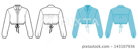 Cropped drawstring shirt technical fashion illustration with long sleeves, button front, classic collar and adjustable  143107936