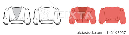 V neck cropped blouse technical fashion illustration with short sleeves, fitted bodice and front button closure. Flat  143107937
