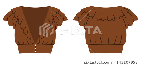 Cropped V-neck ruffle blouse with short sleeves soft waist shaping. Flat color technical fashion illustration showing 143107955