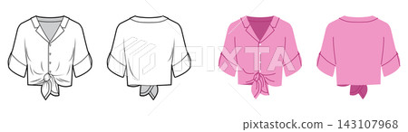 Cropped shirt with short sleeves, collar neckline and tie front detail. Technical fashion illustration in black and white and color, front and back views, clean outline, modern apparel CAD template. Cropped shirt with short sleeves, collar neckline and tie front detail. Technical fashion illustration in black and white and color, front and back views, clean outline, modern apparel CAD template. 143107968