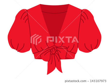 Red cropped blouse with short puff sleeves, deep neckline and tie front closure. Technical fashion illustration front view in flat color, clean silhouette, modern clothing template. Red cropped blouse with short puff sleeves, deep neckline and tie front closure. Technical fashion illustration front view in flat color, clean silhouette, modern clothing template. 143107973