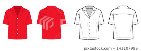 Relaxed short sleeve shirt with collar neckline and button closure. Technical fashion illustration in black and white and color, front and back views, clean contour, loose silhouette, apparel CAD Relaxed short sleeve shirt with collar neckline and button closure. Technical fashion illustration in black and white and color, front and back views, clean contour, loose silhouette, apparel CAD 143107989