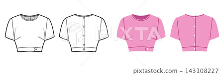 Cropped top with short sleeves and button closure at back. Technical fashion illustration in black and white and color, Cropped top with short sleeves and button closure at back. Technical fashion illustration in black and white and color, 143108227