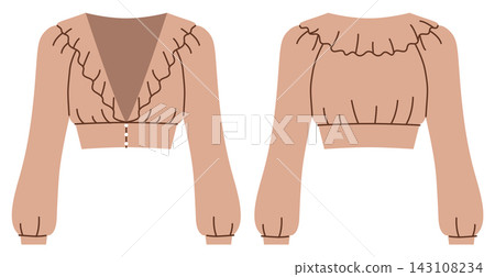 Ruffle cropped blouse with deep V neckline, long sleeves and soft gathered waistline. Technical fashion illustration Ruffle cropped blouse with deep V neckline, long sleeves and soft gathered waistline. Technical fashion illustration 143108234