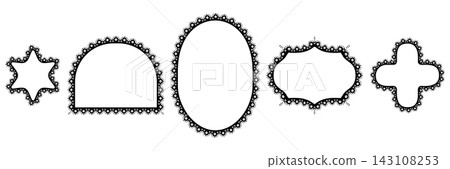 Black Eyelet Lace Border Frame Scalloped Ornamental Star Arch Oval Plaque Cross Silhouette Vector Illustration Set 143108253