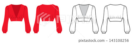 V neck cropped blouse technical fashion illustration with long sleeves, fitted bodice and front button closure. Flat V neck cropped blouse technical fashion illustration with long sleeves, fitted bodice and front button closure. Flat 143108256