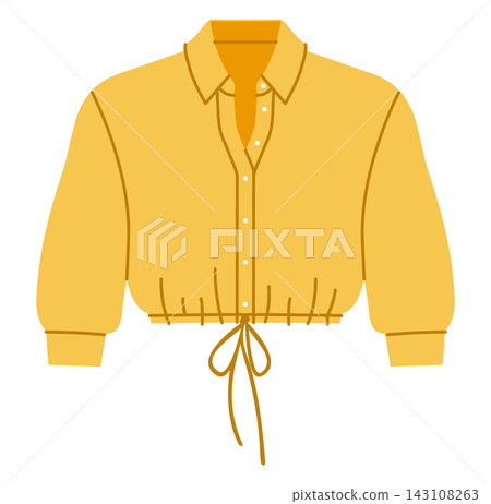 Cropped drawstring shirt with short sleeves, button front and adjustable waist detail. Technical fashion illustration Cropped drawstring shirt with short sleeves, button front and adjustable waist detail. Technical fashion illustration 143108263