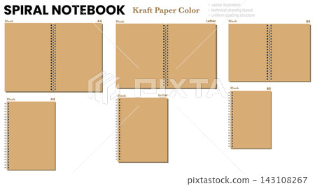 Unlined Spiral Notebook Page Six Size Assortment Kraft Blank Paper Silver Coil Printable Stationery Vector Artwork 143108267