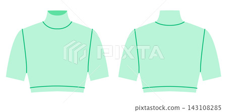 Mint cropped high neck top with short sleeves and fitted waist. Technical fashion illustration in flat color, front back 143108285