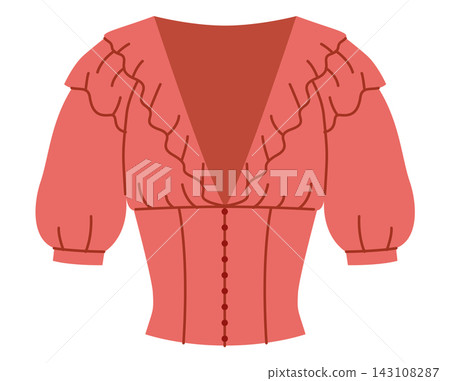 Cropped V-neck ruffle blouse with long puff sleeves and soft waist. Technical fashion illustration front view in flat Cropped V-neck ruffle blouse with long puff sleeves and soft waist. Technical fashion illustration front view in flat 143108287