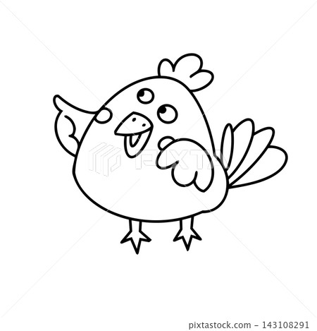 Chicken cartoon outline isolated vector. Cute domestic bird character standing happy coloring page. Kids activity book farm educational game nursery print design element. 143108291