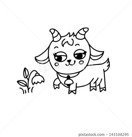 Goat cartoon outline isolated vector. Cute domestic animal character with bell and flower coloring page. Kids activity book farm educational game nursery print design element. Goat cartoon outline isolated vector. Cute domestic animal character with bell and flower coloring page. Kids activity book farm educational game nursery print design element. 143108295