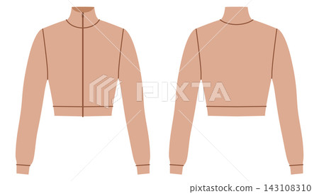 Beige cropped high neck top with long sleeves and fitted waist. Technical fashion illustration in flat color, front Beige cropped high neck top with long sleeves and fitted waist. Technical fashion illustration in flat color, front 143108310