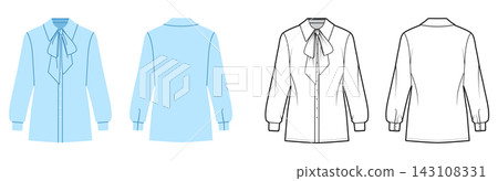 Button shirt with collar and bow tie detail at neckline, long sleeves and clean silhouette. Technical fashion illustration in black and white and color, front and back views, modern apparel CAD Button shirt with collar and bow tie detail at neckline, long sleeves and clean silhouette. Technical fashion illustration in black and white and color, front and back views, modern apparel CAD 143108331