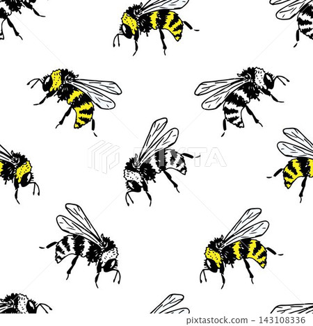 Bees, bumblebees on a white background. Hand-drawn seamless vector pattern. For fabric prints, textile products, packaging, honey, summer. Bees, bumblebees on a white background. Hand-drawn seamless vector pattern. For fabric prints, textile products, packaging, honey, summer. 143108336