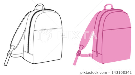 Minimal backpack silhouette bag. Fashion accessory technical illustration. Vector schoolbag front 3-4 view Men, women Minimal backpack silhouette bag. Fashion accessory technical illustration. Vector schoolbag front 3-4 view Men, women 143108341