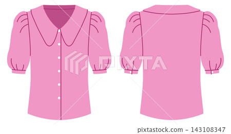Pink button shirt with short puff sleeves and fitted silhouette, soft volume shaping and clean contour lines. Technical fashion illustration in flat color, front and back views, modern apparel design. 143108347