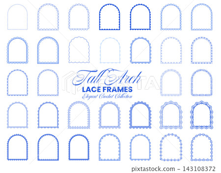 Tall Arch Lace Frame Set Blue Scallop Crochet Eyelet Border Vintage Wedding Card Elegant Vector Illustration Isolated Tall Arch Lace Frame Set Blue Scallop Crochet Eyelet Border Vintage Wedding Card Elegant Vector Illustration Isolated 143108372