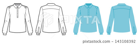Structured blouse with pointed collar, long sleeves and fitted silhouette, clean panel shaping lines. Technical fashion illustration in black and white and color, front and back views, modern apparel Structured blouse with pointed collar, long sleeves and fitted silhouette, clean panel shaping lines. Technical fashion illustration in black and white and color, front and back views, modern apparel 143108392