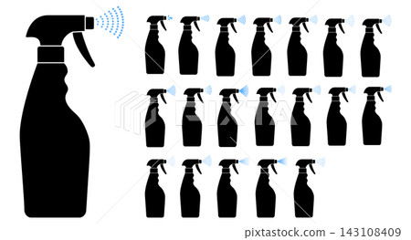 Spray bottle mist pattern icon set trigger cleaner disinfectant aerosol jet fog vector flat design symbol pack Spray bottle mist pattern icon set trigger cleaner disinfectant aerosol jet fog vector flat design symbol pack 143108409