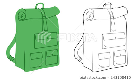 Travel backpack silhouette bag. Fashion accessory technical illustration. Vector schoolbag front 3-4 view Men, women Travel backpack silhouette bag. Fashion accessory technical illustration. Vector schoolbag front 3-4 view Men, women 143108410